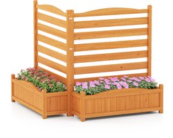 COSTWAY Bloembak met tuinhek, hekwerk voor airconditioners en vuilnisbakken, 101 cm hoog, verhoogd plantenbed met klimrek, 2 plantenbakken met drainagegaten, privacyscherm voor tuin, erf, balkon, hout, naturel (2-delige set)