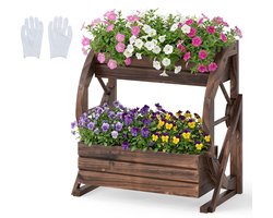 COSTWAY Bloembak met wielen, houten verhoogd plantenbed, plantenbak met 2 lagen, drainagegaten en halve wielen, bloembed, rustiek, decoratie voor terras, balkon of tuin, bruin (56 x 33 x 56,5 cm)