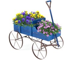 COSTWAY Bloemenstandaard, houten wagen, plantenwagen met wielen, van metaal, bloembak, plantenstandaard voor tuin en terras, 62 x 34 x 61 cm (blauw)