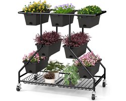 COSTWAY Bloemenstandaard met bloembakken, bloementrap met wieltjes, 7 plantenbakken, 2 manden en afvoergaten, plantenstandaard van metaal en PP, voor terras, tuin, balkon, 100 x 56 x 99 cm, zwart