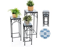 COSTWAY Bloemenstandaard, mozaïek, set van 3, bloemenkruk, tuin, vierkant, bloementrap, metaal, tuintafel, bijzettafel, mozaïektafel, plantenstandaard, plantenkruk, terras balkon, blauw