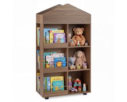 COSTWAY Boekenkast Kinderen Huisvorm, Kinderkast met 6 Vakken, 3 Zijvakken & Bovenvak, Speelgoedrek Montessori, Kinderboekenkast van Hout voor Kinderkamer, 64 x 30 x 116 cm (Bruin)