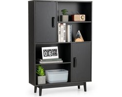 COSTWAY Boekenkast met 2 deuren en 4 open planken, hout, staand rek, houten rek, opbergrek voor woonkamer, werkkamer, 80 x 24 x 120 cm (zwart)