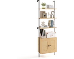 COSTWAY Boekenkast met 3 niveaus met rotankast, 184 cm, ladderrek, wandmontage, open presentatierek met metalen frame en verstelbare planken voor woonkamer, kantoor, 60 x 30 x 184 cm