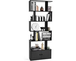 COSTWAY Boekenkast met deuren, staand rek met 5 niveaus, ruimteverdeler, van hout, opbergrek voor woonkamer, slaapkamer, 183 x 70 x 23 cm (zwart)