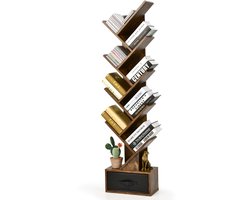 COSTWAY Boekenkast met lade, 8 verdiepingen, staand rek, boomvorm, cd- en dvd-plank, voor slaapkamer, woonkamer en thuiskantoor, 38 x 21,5 x 149,5 cm (rustiek bruin)