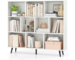 COSTWAY Boekenkast met vakken, staand rek met 3 niveaus en houten poten, kubusrek 107 cm hoog, kantoorrek, opbergrek voor woonkamer, slaapkamer, kantoor (120 cm)