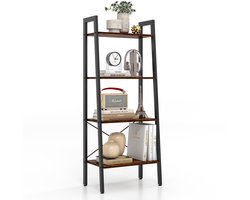 COSTWAY Boekenkast, rek met 4 niveaus, houten ladderrek, met kantelbeveiligingen en verstelbare voetkussens, metalen frame, voor woonkamer, werkkamer en kantoor (rustiek bruin)