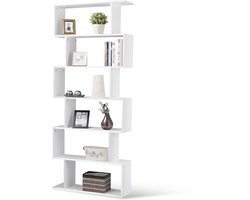 Costway Boekenkast, staand rek met 6 niveaus, 192 x 80 x 23 cm, kantoorrek, hout, archiefplank, opbergrek incl. bevestigingsmateriaal, ruimteverdeler voor woonkamer, slaapkamer, kantoor, wit