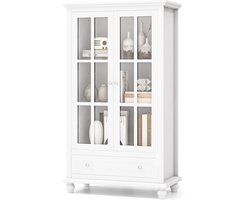 COSTWAY Boekenkast, vitrinekast met deuren van gehard glas, verstelbare plank en lade, bureaukast, archiefkast voor thuiskantoor en woonkamer, 80 x 40 x 139 cm, wit