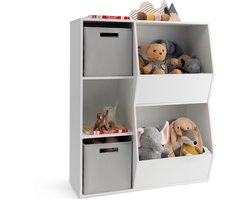 COSTWAY Boekenkast voor kinderen, 3 verdiepingen tellend kinderrek met 2 dozen en 5 vakken, houten opbergrek voor kinderkamer slaapkamer, 77 x 29 x 94 cm (wit + grijs, 5 vakken)