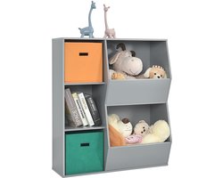 COSTWAY Boekenkast voor kinderen, 3 verdiepingen tellend kinderrek met 2 dozen en 5 vakken, speelgoedrek, opbergrek van hout voor kinderkamer slaapkamer, 76 x 28 x 94 cm (grijs, 5 vakken)