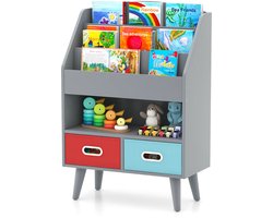 COSTWAY Boekenkast voor kinderen, kinderrek met 3 planken en open vak en 2 stoffen laden, kinderkamerrek, hout, kantelbeveiliging, speelgoedorganizer voor klaslokaal en kinderkamer (grijs)