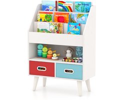 COSTWAY Boekenkast voor kinderen, kinderrek met 3 planken en open vak en 2 stoffen laden, kinderkamerrek, hout, kantelbeveiliging, speelgoedorganizer voor klaslokaal en kinderkamer (wit)