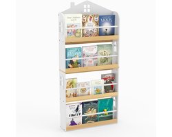 COSTWAY Boekenplank Kinderen in Huisvorm, Kinderplank met 4 Legplanken & Metalen Stangen, Smalle Wandplank, Montessori Speelgoedplank voor Kinderkamer, Speelkamer, 61 x 15 x 130 cm, Wit