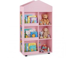 COSTWAY Boekenplank Kinderen in Huisvorm, Kinderplank met 6 Vakken, 3 Zijvakken & Bovenvak, Speelgoedplank Montessori, Kinderboekenplank van Hout voor Kinderkamer, 64 x 30 x 116 cm (Roze)