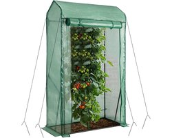 COSTWAY Broeikas voor tomaten, 100 x 50 x 170 cm, foliekas met PE roosterfolie, tuinkas met oprolbare deur met ritssluiting, tomatenhuis klein en beloopbaar, stalen frame (groen)