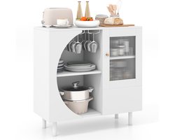 COSTWAY Buffetkast met 3 deuren, open rek, wijnglashouder voor 6-8 glazen en metalen poten, dressoir, keukenkast, hout, buffet voor eetkamer, keuken, woonkamer, 80 x 30 x 80 cm