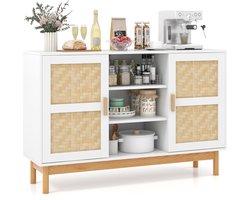 COSTWAY Buffetkast van hout, keukenkast met 2 bamboedeuren en 3 open planken, 120 cm, dressoir, keukenbuffet voor eetkamer, keuken, woonkamer, 120 x 35 x 78 cm, wit + naturel