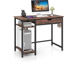 COSTWAY Bureau, kleine computertafel met lade en verstelbaar rek, pc-tafel met hoofdtelefoonhaak, bureau voor thuiskantoor, werkkamer, 100 x 50 x 76 cm, rustiek bruin