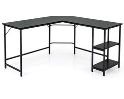COSTWAY Bureau L-vorm, hoekbureau met 2 planken, hoektafel met afneembaar rek, gaming computertafel, kantoortafel voor thuiskantoor, zwart