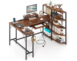COSTWAY Bureau L-vorm met laadstation en boekenkast, hoekbureau met monitorstandaard, haak en toetsenbordplank, computertafel met metalen frame, werktafel voor thuis en kantoor (bruin)