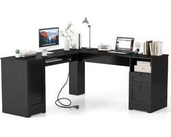 COSTWAY Bureau L-vormig, hoekbureau met oplaadstation, toetsenbordlade, kast en 2 laden, hoekbureau, computerbureau, bureau voor thuis of op kantoor, 168 x 168 x 76 cm (zwart)