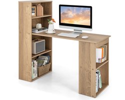 COSTWAY Bureau met boekenkast, computertafel met 6 planken, pc-tafel met plank rechts of links, bureautafel, werktafel voor thuis, kantoor en slaapzaal, 122 x 56 x 122 cm (natuur)