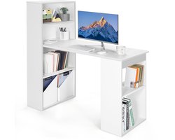 COSTWAY Bureau met boekenkast, computertafel met 6 planken, pc-tafel met plank rechts of links, bureautafel, werktafel voor thuis, kantoor en slaapzaal, 122 x 56 x 122 cm, wit