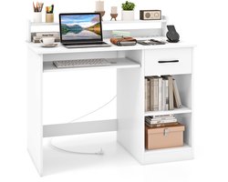 COSTWAY Bureau met laadstation, toetsenbordplank, lade en verstelbare plank, kleine computertafel, moderne bureautafel, pc-tafel voor slaapkamer, werkkamer, kantoor, wit, 105 x 55 x 89 cm