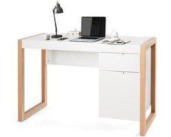 COSTWAY Bureau met lade en kast, kleine computertafel van hout, kinderbureau, pc-tafel, kantoortafel voor kantoor, werkkamer, wit, 112 x 50 x 75 cm