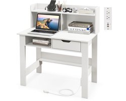 COSTWAY Bureau met stopcontacten, kleine computertafel met opzetstuk, open vak en lade, pc-tafel, bureautafel voor thuiskantoor, 95 x 56 x 109,5 cm, wit (wit)
