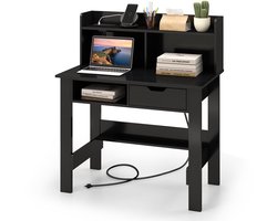COSTWAY Bureau met stopcontacten, kleine computertafel met opzetstuk, open vak en lade, pc-tafel, kantoortafel voor thuiskantoor, 95 x 56 x 109,5 cm, wit (zwart)