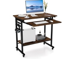 COSTWAY Bureau met wieltjes, toetsenbordplank, ruimtebesparende computertafel, pc-tafel met legplank onder en haken, industriële laptoptafel voor thuiskantoor, vintage bruin