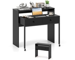COSTWAY Bureau uittrekbaar, kleine computertafel met 2 laden en wieltjes, bureau met metalen frame, werktafel, pc-tafel voor thuis, kantoor, 100 x 63 x 88 cm (zwart)