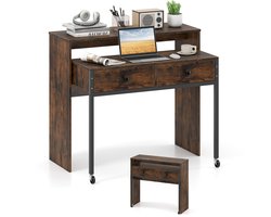 COSTWAY Bureau uittrekbaar, kleine computertafel met 2 laden en wieltjes, bureautafel met metalen frame, werktafel, pc-tafel voor thuis, kantoor, 100 x 63 x 88 cm (bruin)