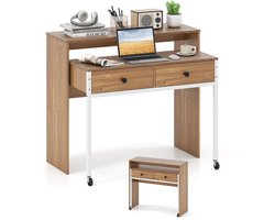 COSTWAY Bureau uittrekbaar, kleine computertafel met 2 laden en wieltjes, bureautafel met metalen frame, werktafel, pc-tafel voor thuis, kantoor, 100 x 63 x 88 cm (natuur)