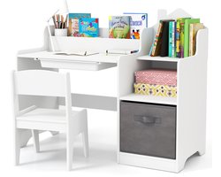 COSTWAY Bureau voor kinderen, kinderbureau met stoel, lade, open planken en stoffen container, houten bureau voor scholieren, jeugdbureau voor kinderen vanaf 3 jaar, belasting 20/50 kg, wit