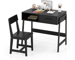 COSTWAY Bureau voor kinderen met stoel, kinderbureauset van hout, jeugdbureau met lade en plank, schoolbureau voor kinderen vanaf 3 jaar, 85 x 46 x 70 cm (zwart)