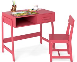 COSTWAY Bureau voor kinderen met stoel, kinderbureauset van hout, jeugdbureau met lade en plank, schoolbureau voor kinderen vanaf 3 jaar, 85 x 46 x 70 cm (roze)