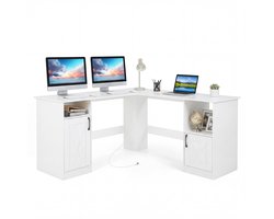 COSTWAY Bureaublad L-vorm met 2 Kasten, 150 x 150 x 76 cm Hoekbureau met Laadstation & 4 Open Planken, Bureau van Hout voor Werkkamer, Kantoor & Thuiswerk, Wit