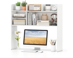 COSTWAY Bureaurek, 3-traps bureauplank, opzet-rek met 6 planken, boekenkast, tafelrek, tentoonstellingsrek, houten frame voor werkblad en thuiskantoor (wit)