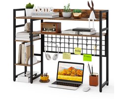 COSTWAY Bureaurek, tafelrek met 4 planken en 6 haken, bureau opzet-rek voor monitoren, boekenkast voor werkblad, opbergorganizer, 94 x 25 x 74 cm (bruin)