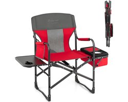 COSTWAY Campingstoel met zijtafel, koeltas en opbergtas, inklapbare visstoel, 180 kg draagvermogen, regisseursstoel, draagbaar, vouwstoel, klapstoel voor camping, vissen, picknick (rood)