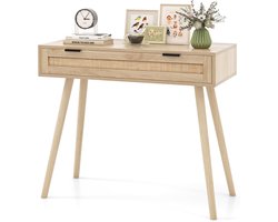 COSTWAY Consoletafel rotan, entreetafel van hout met lade, gangtafel in boho-stijl, bijzettafel voor hal, woonkamer, 88 x 40 x 77 cm, naturel
