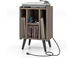 COSTWAY Draaitafel standaard met laadstation, vinylplaten, draaitafel tafel met 4 open planken, vinylplaatstandaard vintage, bijzettafel voor woonkamer kantoor, 43 x 34,5 x 67,5 cm (grijs)