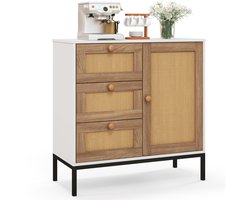 COSTWAY Dressoir rotan, commode met 1 deur en 3 laden, keukenkast 80 x 35 x 80,5 cm, woonkamerkast, buffetkast, keukeneiland voor keuken, woonkamer, eetkamer (1)