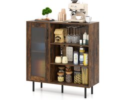 COSTWAY Dressoir van hout, keukenkast met glazen deur, verstelbaar wijnrek en geïntegreerde wijnglashouders, commode voor woonkamer, keuken, eetkamer, buffetkast, vintage, 95 x 35 x 98 cm