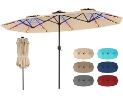 COSTWAY Dubbele parasol 375 x 200 cm, dubbele parasol met led-verlichting op zonne-energie, 12 verlichtingsstanden, 2 oplaadmogelijkheden, tuinparasol met slinger, terrasparasol, marktparasol (beige)