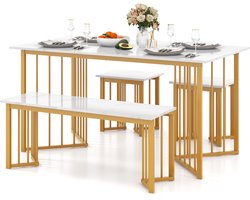 COSTWAY Eetkamerset 4-delig, eetkamergroep met 2 stoelen, tafel, bank, rechthoekige keukentafel, marmer, moderne eetgroep van metaal, voor eetkamer, keuken, woonkamer, wit + goud, 150 x 80 x 75 cm